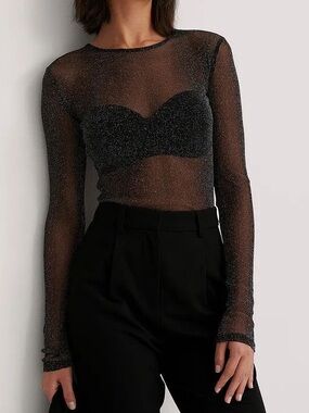 ✨Zara // Sheer Mesh Black Gold Shimmer Long Sleeve Top✨